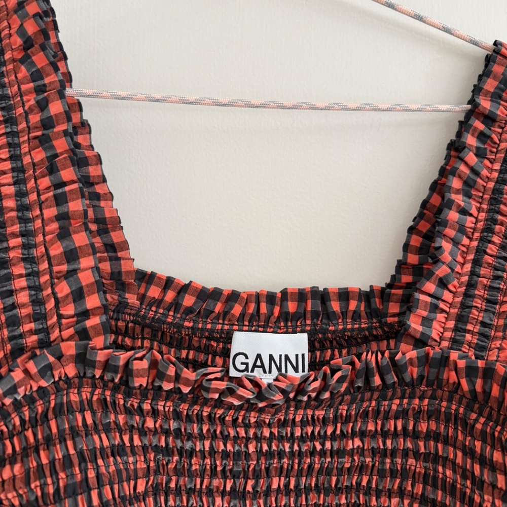 GANNI Seersucker Gingham Smocked Maxi Dress Rust Black 38 - Picture 4 of 9